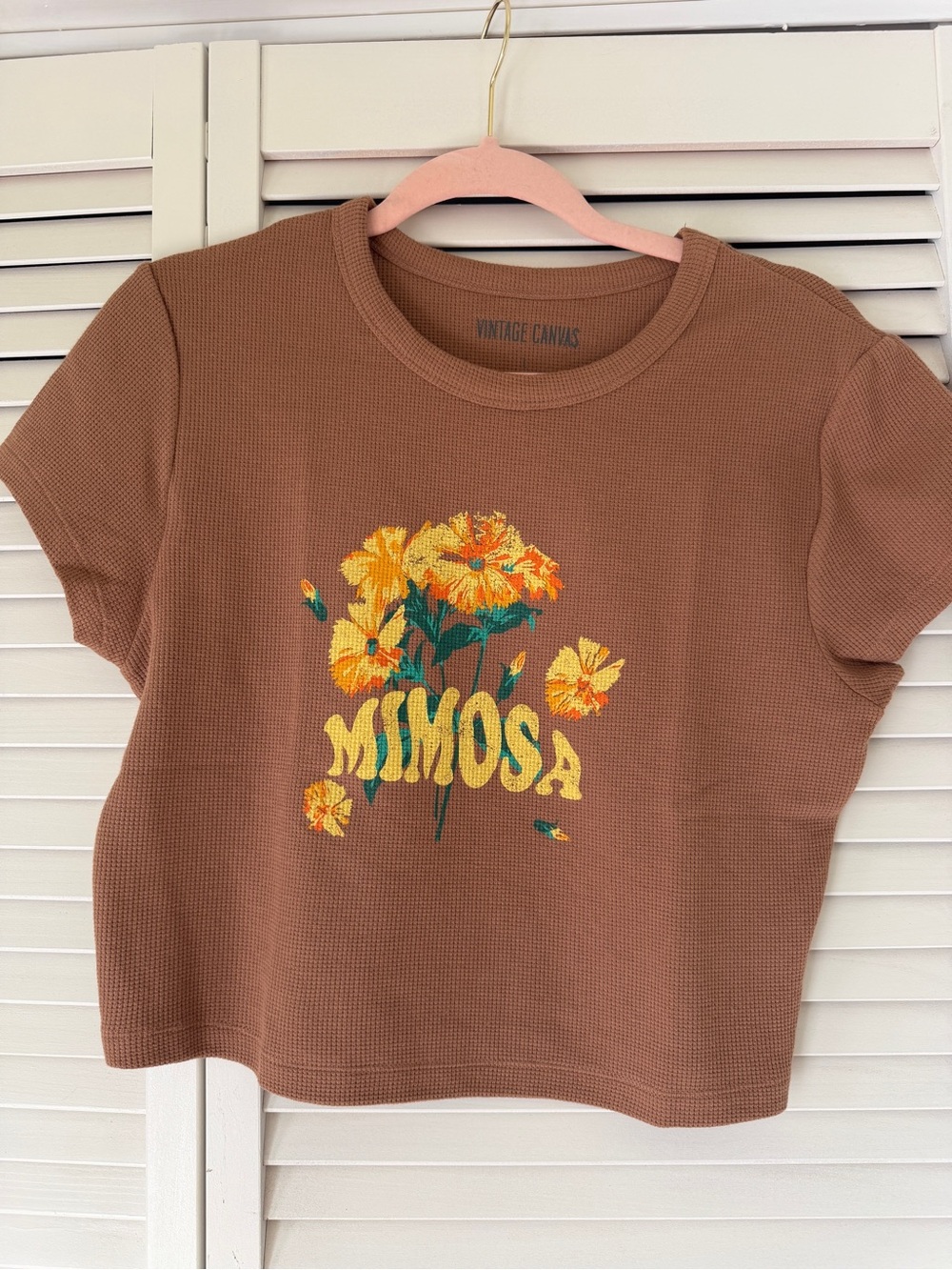 Bella Canvas Brown Crop Tee with Yellow Floral "Mimosa" Graphic